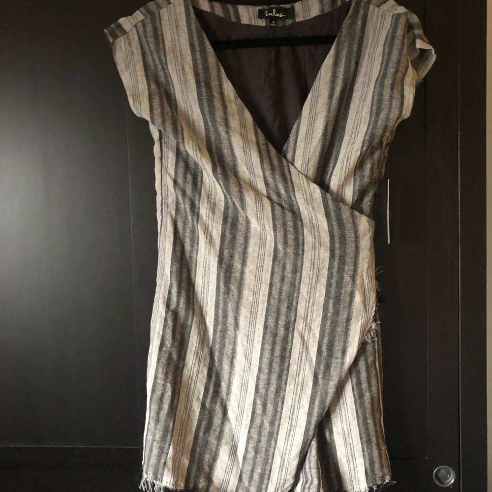 Black and gray Lulu striped wrap dress